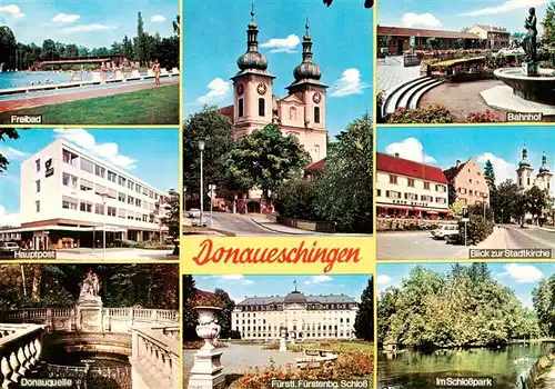 AK / Ansichtskarte 73927480 Donaueschingen Freibad Post Donauquelle Kirche Bahnhof Schloss Park