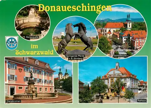AK / Ansichtskarte 73927489 Donaueschingen Donauquelle Springende Pferde Schlosskirche Dianabrunnen Rathaus