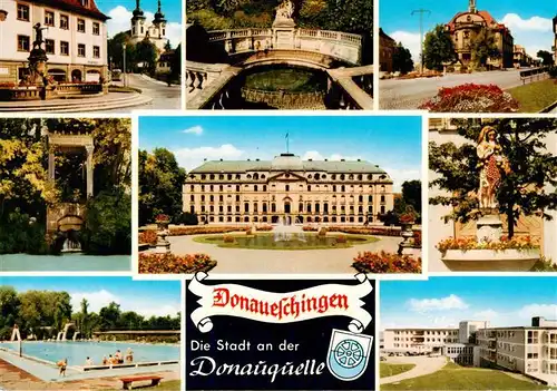 AK / Ansichtskarte 73927493 Donaueschingen Stadtkirche Donauquelle Fuerstl Schoss Rathaus Brunnen Schwimmbad Sanatorium