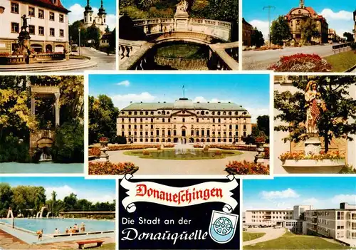 AK / Ansichtskarte  Donaueschingen Stadtkirche Donauquelle Fuerstl Schoss Rathaus Brunnen Schwimmbad Sanatorium