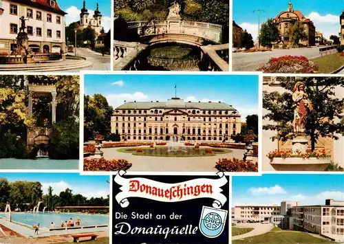 AK / Ansichtskarte  Donaueschingen Stadtkirche Donauquelle Fuerstl Schoss Rathaus Brunnen Schwimmbad Sanatorium