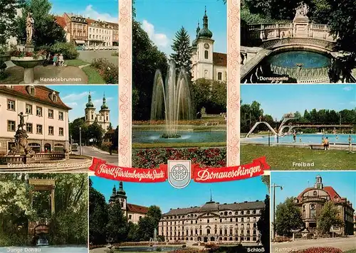 AK / Ansichtskarte 73927498 Donaueschingen Hanselebrunnen Dianabrunnen Schlosskirche Junge Donau Schloss Donauquelle Freibad Rathaus