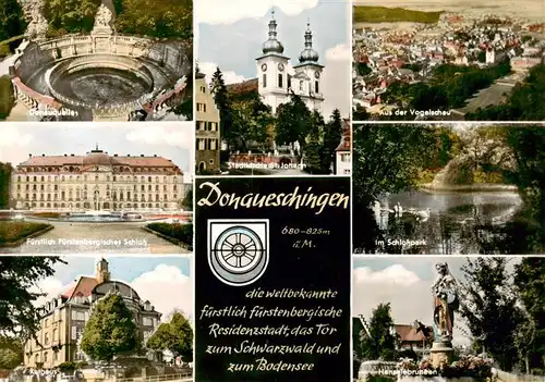 AK / Ansichtskarte 73927505 Donaueschingen Donauquelle Stadtkirche St Johann Panorama Fuerstl Schloss Rathaus Schlosspark Hanselebrunnen