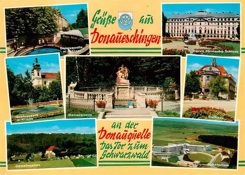 AK / Ansichtskarte 73927517 Donaueschingen Donauquelle Schloss Schlosspark Campingplatz Fuerstl Schloss Rathaus Sanatorium