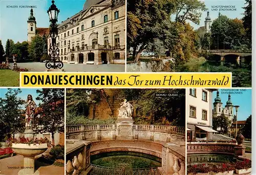 AK / Ansichtskarte  Donaueschingen Schloss Fuerstenberg Schuetzenbruecke Stadtkirche Hansele Brunnen Donauquelle Dianabrunnen