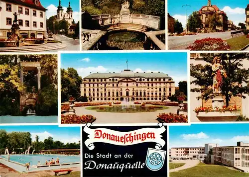 AK / Ansichtskarte 73927531 Donaueschingen Dianabrunnen Stadtkirche Donauquelle Fuerstl Schoss Rathaus Hanselebrunnen Schwimmbad Sanatorium