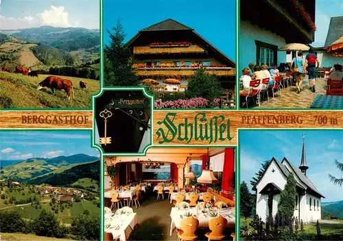 AK / Ansichtskarte 73927582 Pfaffenberg_Zell_im_Wiesental Berggasthof Schluessel Pfaffenberg Gastraum Terrasse Panorama Kirche