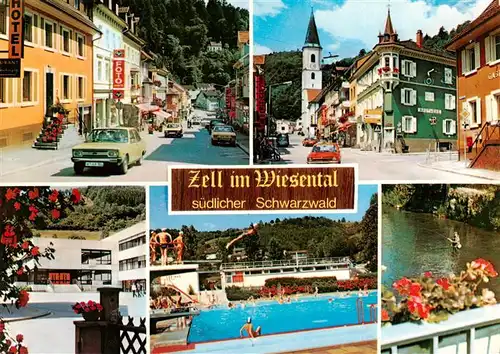 AK / Ansichtskarte  Zell_Wiesental Ortspartien Kirche Schwimmbad