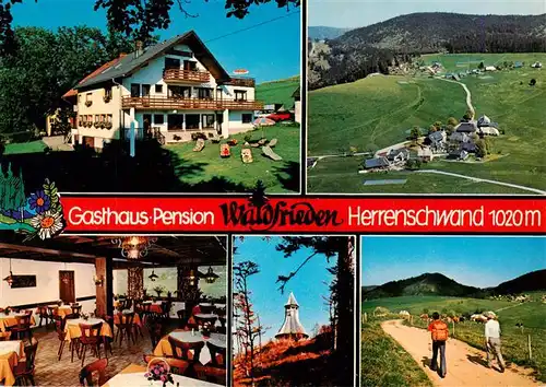 AK / Ansichtskarte 73927596 Herrenschwand_Todtnau_BW Gasthaus Pension Waldfrieden Fliegeraufnahme Gastraum Turm