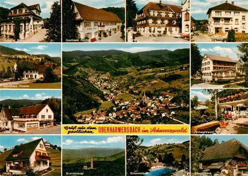 AK / Ansichtskarte 73927651 Oberharmersbach Gasthof Baeren Gasthaus Freihof Gasthaus zur Stube Cafe Koenig Gasthaus Forelle Cafe Hug Haus Waldblick Brandenkopf Schwimmbad Bauernhaus Schwarzwald Idyll Gasthof Sonne