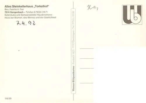 AK / Ansichtskarte  Gengenbach Torkelhof und Torkelkeller Gastraeume