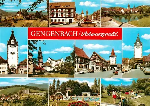 AK / Ansichtskarte 73927754 Gengenbach Marktplatz Brunnen Obertor Rathaus Panorama Schwimmbad Park