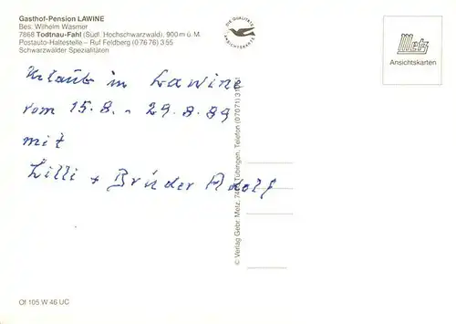 AK / Ansichtskarte 73927766 Fahl_Feldberg Gasthof Pension Lawine