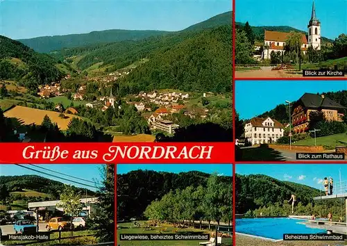 AK / Ansichtskarte 73927961 Nordrach Panorama Luftkurort Schwarzwald Kirche Rathaus Freibad Festhalle