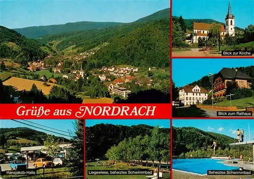 AK / Ansichtskarte  Nordrach Panorama Luftkurort Schwarzwald Kirche Rathaus Freibad Festhalle