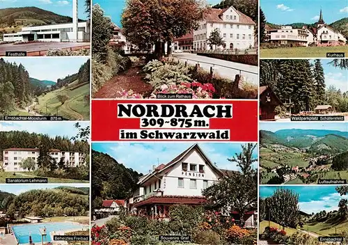 AK / Ansichtskarte  Nordrach Festhalle Landschaft Sanatorium Freibad Rathaus Pension Souvenirs Kurhaus Waldparkplatz Luftaufnahme Ernsbachtal