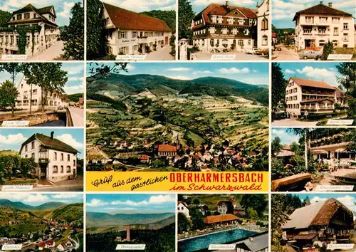 AK / Ansichtskarte 73927993 Oberharmersbach Panorama Luftaufnahme Gasthaeuser Hotels Landschafts Freibad Bauernhaus