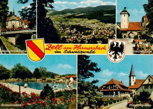 AK / Ansichtskarte 73928032 Zell_Harmersbach Panorama Wallfahrtskirche Storchenturm Freibad Pfarrhofgraben