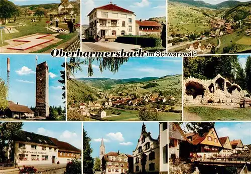 AK / Ansichtskarte 73928034 Oberharmersbach Minigolf Teilansichten Panorama Grotte Turm Gasthaus Altstadt