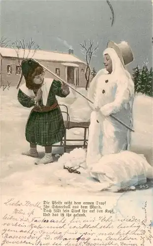 AK / Ansichtskarte  Kinder_Child_Enfants Winter Schneemann Schliten