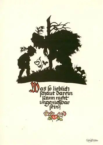 AK / Ansichtskarte  Scherenschnitt_Schattenbildkarte Kind Blueme Riese