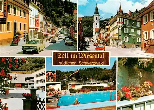 AK / Ansichtskarte  Zell_Wiesental Ortspartie Kirche Strasse Schwimmbad Seepartie