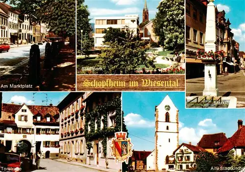 AK / Ansichtskarte 73928368 Schopfheim Am Marktplatz Stadtpark Marktbrunnen Torstrasse Alte Stadtkirche