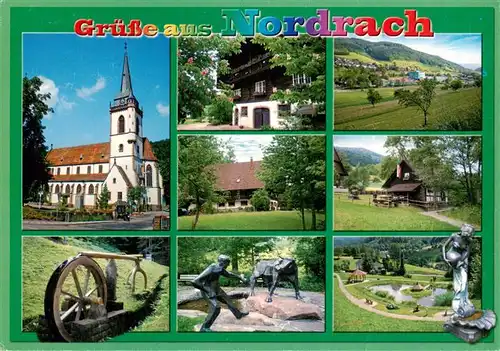 AK / Ansichtskarte 73928443 Nordrach Kirche Gasthaus Panorama Wasserrad Skulpturen Brunnen