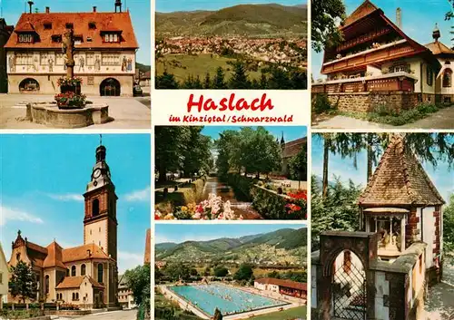 AK / Ansichtskarte 73928446 Haslach_Kinzigtal Rathaus Panorama Gasthaus Kirche Schwimmbad Kapelle