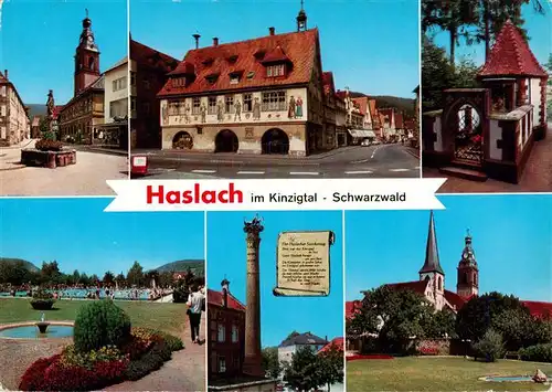 AK / Ansichtskarte 73928449 Haslach_Kinzigtal Brunnen Rathaus Kapelle Freibad StorchenturmKirche