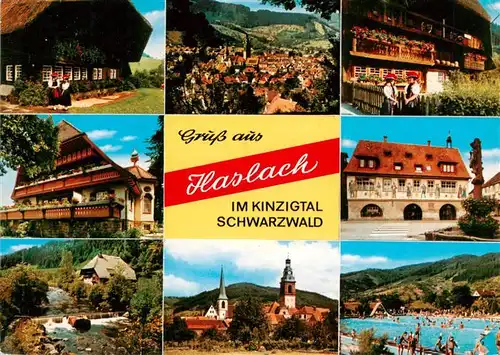 AK / Ansichtskarte 73928475 Haslach_Kinzigtal Schwarzwaldhaeuser Trachten Panorama Rathaus Kirchen Kinzigpartie Freibad