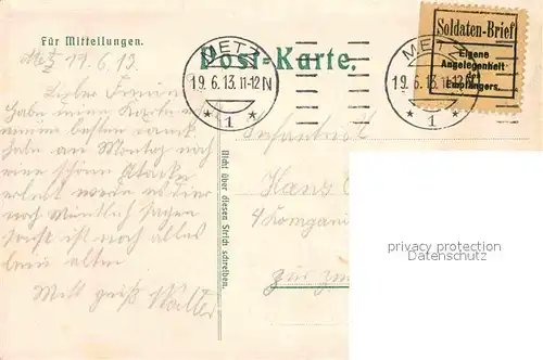 AK / Ansichtskarte 33928586 Militaria_WK1 Grusskarte von der Reserve  Metz Soldaten-Briefmarke