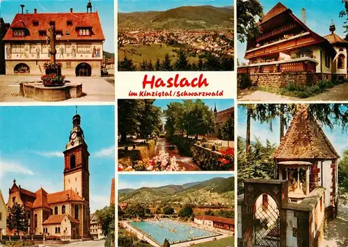 AK / Ansichtskarte 73928649 Haslach_Kinzigtal Brunnen Rathaus Kapelle Freibad Storchenturm Kirche