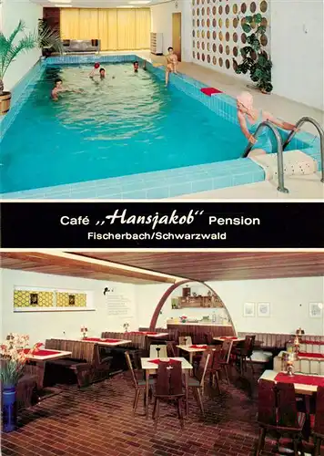 AK / Ansichtskarte 73928671 Fischerbach_Kinzigtal Cafe Hansjakob Pension Hallenbad Gastraum