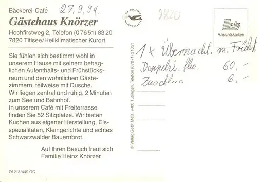 AK / Ansichtskarte 73928884 Titisee-Neustadt Baeckerei Cafe Gaestehaus Knoerzer Gastraeume