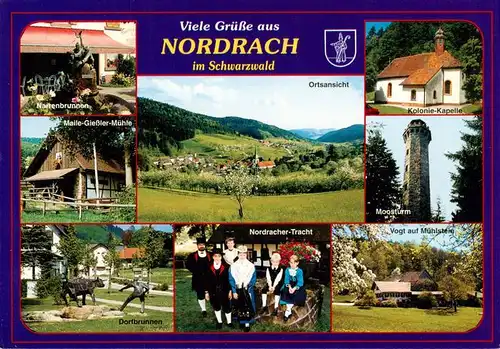 AK / Ansichtskarte  Nordrach Narrenbrunnen Maile Giessler Muehle Ortspartie Kolonie Kapelle Moosturm Dorfbrunnen Nordracher Tracht Vogt auf Muehlstein