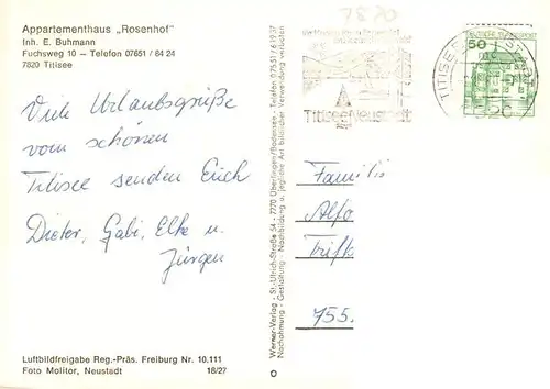 AK / Ansichtskarte 73929171 Titisee-Neustadt Appartementhaus Rosenhof Fliegeraufnahme