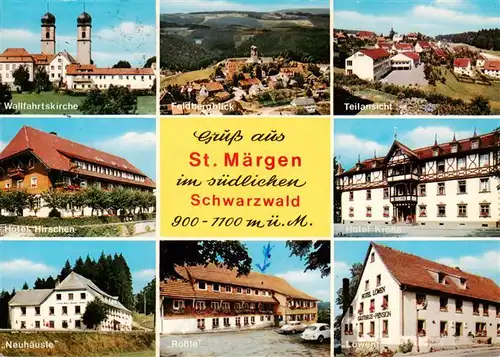 AK / Ansichtskarte 73929368 St_Maergen Wallfahrtskirche Feldbergblick Teilansicht Hotel Hirschen Hotel Krone Neuhaeusle Roessle Hotel Loewen