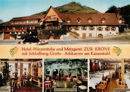 AK / Ansichtskarte 73929534 Achkarren Hotel Restaurant Cafe Winzerstube Zur Krone mit Schlossberg Grotte Nebenzimmer Diele