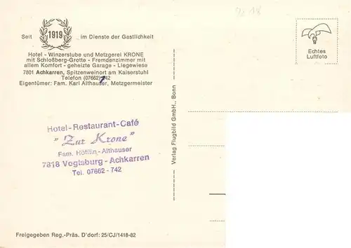 AK / Ansichtskarte 73929538 Achkarren Hotel Restaurant Cafe Winzerstube Zur Krone mit Schlossberg Grotte 