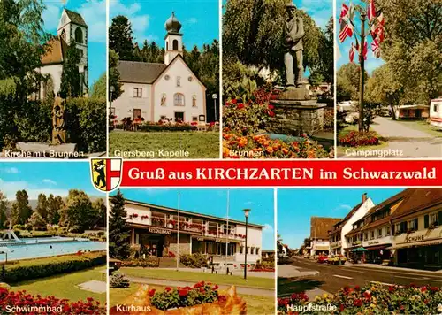 AK / Ansichtskarte 73929587 Kirchzarten Kirche mit Brunnen Giersberg Kapelle Brunnen Campingplatz Schwimmbad Kurhaus Hauptstrasse