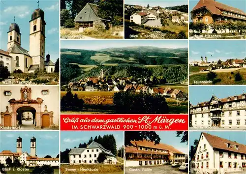 AK / Ansichtskarte  St_Maergen Wallfahrtskirche Klosterportal Kloster Rankmuehle Hotel Hirschen Panorama Teilansicht Sonne Neuhaeusle Gasthaus Roessle Hotel Hirschen Hotel Loewen