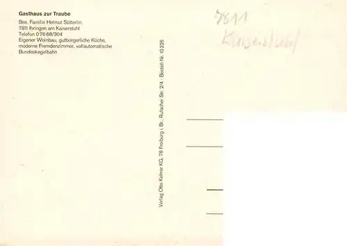 AK / Ansichtskarte  Ihringen_Kaiserstuhl Gasthaus zur Traube Kegelbahn Gastraum Panorama