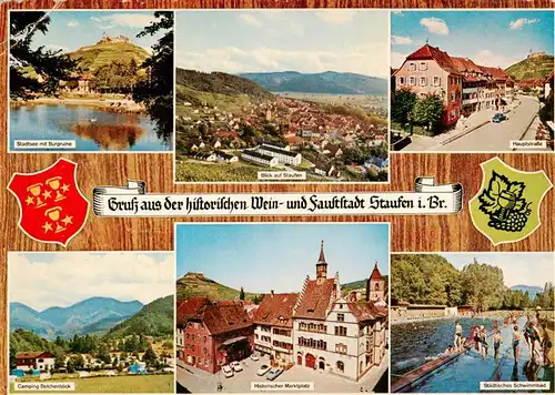 AK / Ansichtskarte  Staufen__Breisgau Stadtsee mit Burgruine Panorama Hauptstrasse Camping Belchenblick Marktplatz Staedt Schwimmbad