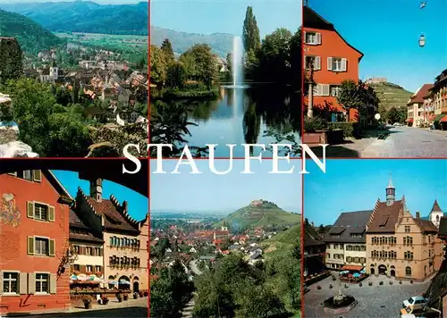 AK / Ansichtskarte 73929853 Staufen__Breisgau Panorama Stadtsee Strasse Gasthaus Burgruine Rathaus Marktplatz