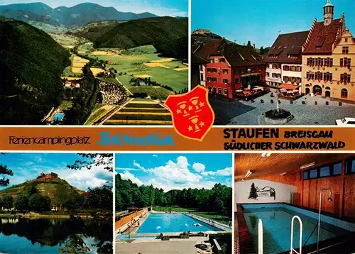 AK / Ansichtskarte 73929862 Staufen__Breisgau Feriencampingplatz Belchenblick Burgruine Schwimmbad Hallenbad Marktplatz Rathaus