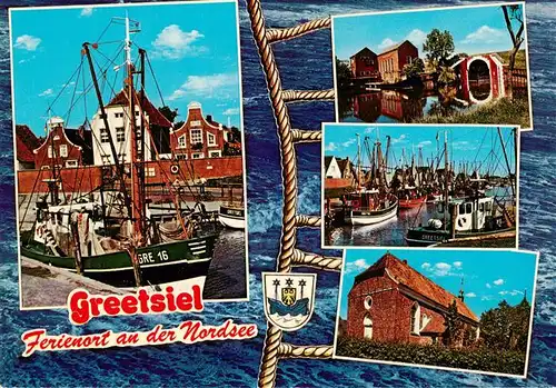 AK / Ansichtskarte 73930098 Greetsiel Krabbenkutter Fischerhafen Kirche