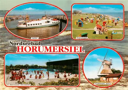 AK / Ansichtskarte 73930118 Horumersiel_Wangerland Hafen Badestrand Meerwasser Wellenbad Stumpenser Muehle