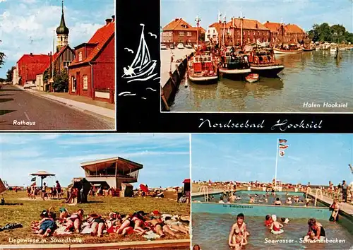 AK / Ansichtskarte 73930129 Hooksiel_Nordseebad Rathaus Hafen Liegewiese mit Strandhalle Seewasser Schwimmbad