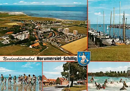 AK / Ansichtskarte  Schillig_Horumersiel_Nordseebad Fliegeraufnahme Bootshafen Wattwandern Ortspartie Wellenbad